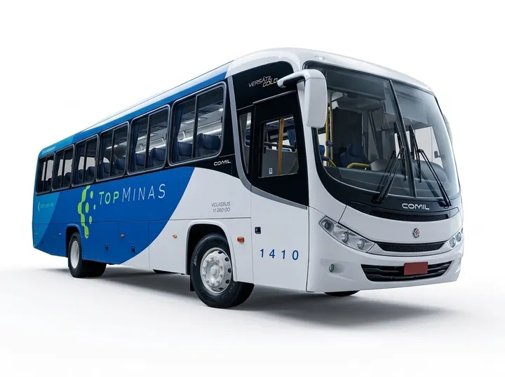 Ônibus com a identidade visual azul, branca e verde da Top Minas